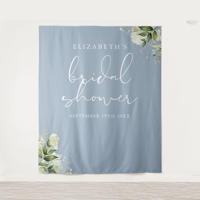 Greenery Dusty Blue Brautparty Foto Hintergrund Wandteppich (Vorderseite)