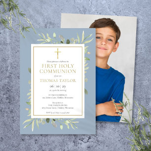 Greenery Dusty Blue First Holy Communion Foto Einladung
