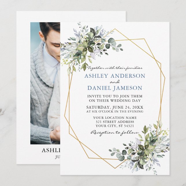 Greenery Dusty Blue Geo Frame Foto Wedding Einladung (Vorne/Hinten)