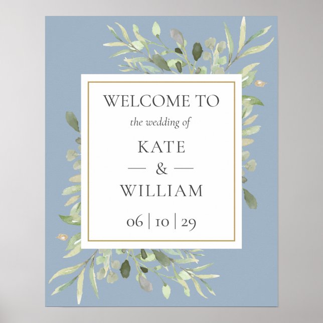 Greenery Dusty Blue Wedding Willkommenszeichen Poster (Vorne)