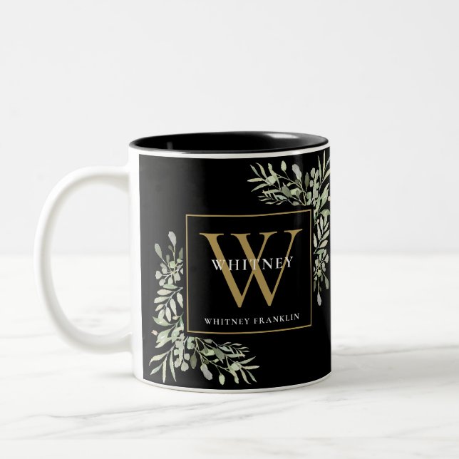 Greenery Elegant Black Gold Personalisiert Monogra Zweifarbige Tasse (Links)