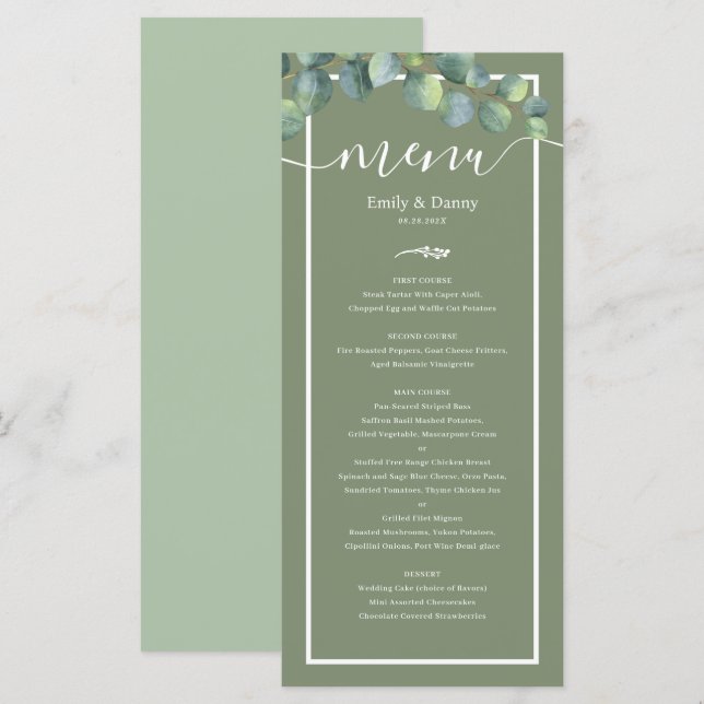 Greenery Elegant Sage Green Botanical Wedding Menu Menükarte (Vorne/Hinten)