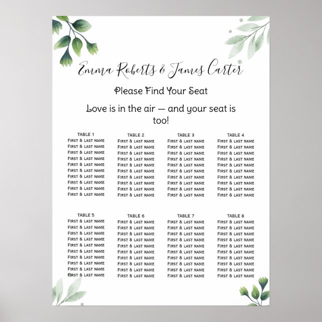 Greenery Elegant Wedding Seating Chart Poster (Vorne)
