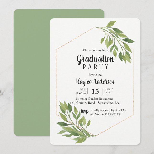 Greenery elegante Graduation Party-Karte Einladung (Vorne/Hinten)
