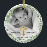 Greenery Eucalyptus Baby Baptism Foto Keramik Ornament<br><div class="desc">Grüne Eukalyptus Baby Christening und Taufe Ornament mit doppeltem Foto mit rundem eucalyptus foliage Kranrahmen. Personalisieren Sie Ihr eigenes,  horizontales oder quadratisches Foto. Gutes Geschenk für Ihre Familie und Freunde für die Ferienzeit.</div>