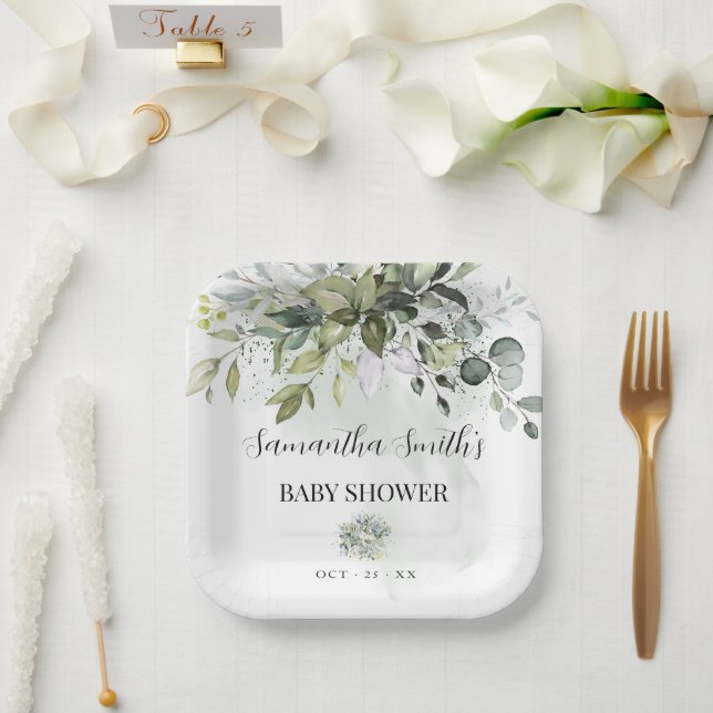 Greenery Eucalyptus Baby Shower Square Pappteller (Hochzeit)