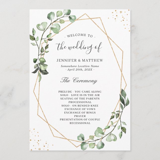 Greenery Eucalyptus Blätter Geometric Wedding Programm (Vorderseite)