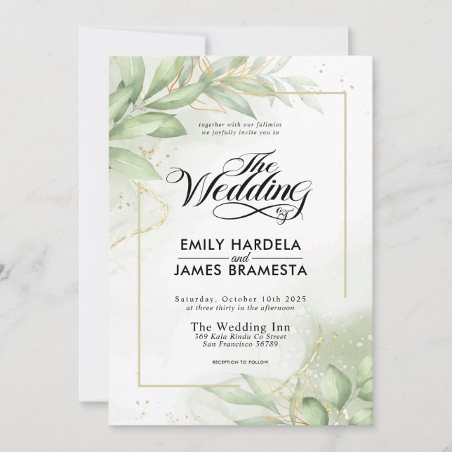 Greenery Eucalyptus Blätter Gold Watercolor Weddin Einladung (Vorderseite)