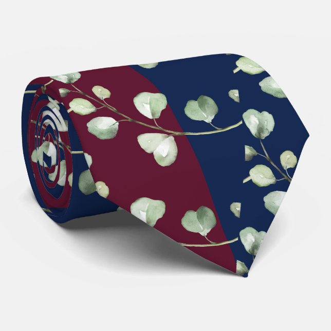 Greenery Eucalyptus Burgundy Navy Wedding Krawatte (Gerollt)