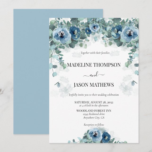 Greenery Eucalyptus Dusty blue Floral 2 Wedding Einladung (Vorne/Hinten)