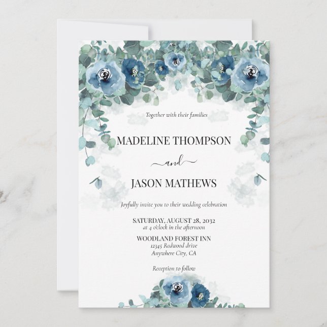 Greenery Eucalyptus Dusty Blue Floral Wedding Einladung (Vorderseite)