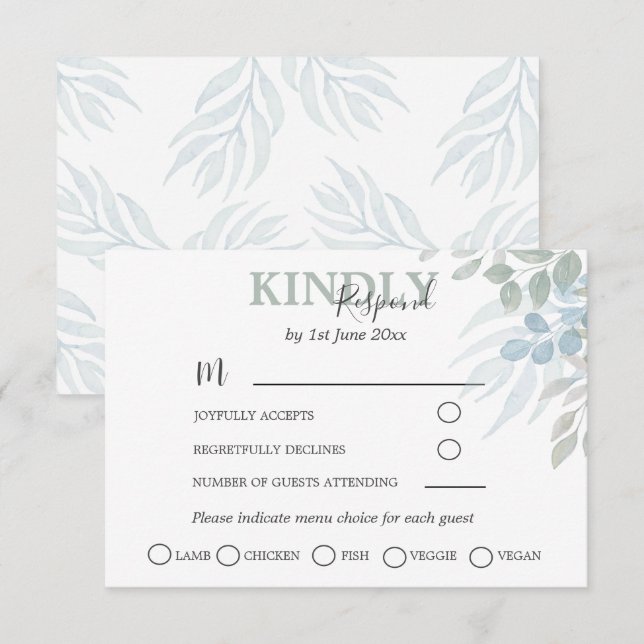 Greenery Eucalyptus Dusty Blue Wedding RSVP (Vorne/Hinten)