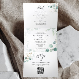 Greenery Eucalyptus Elegant QR Code Wedding Dreifach Gefaltete Einladung