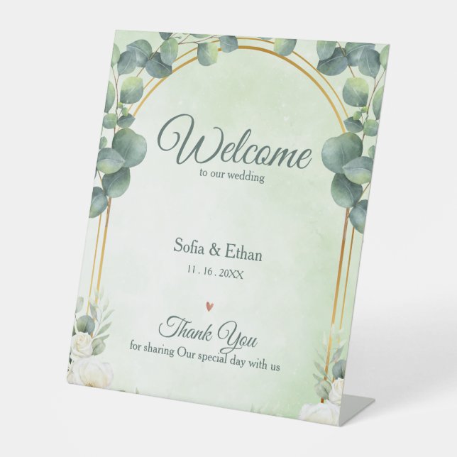 Greenery Eucalyptus Floral Welcome to Our Wedding  Sockelschild (Vorderseite)