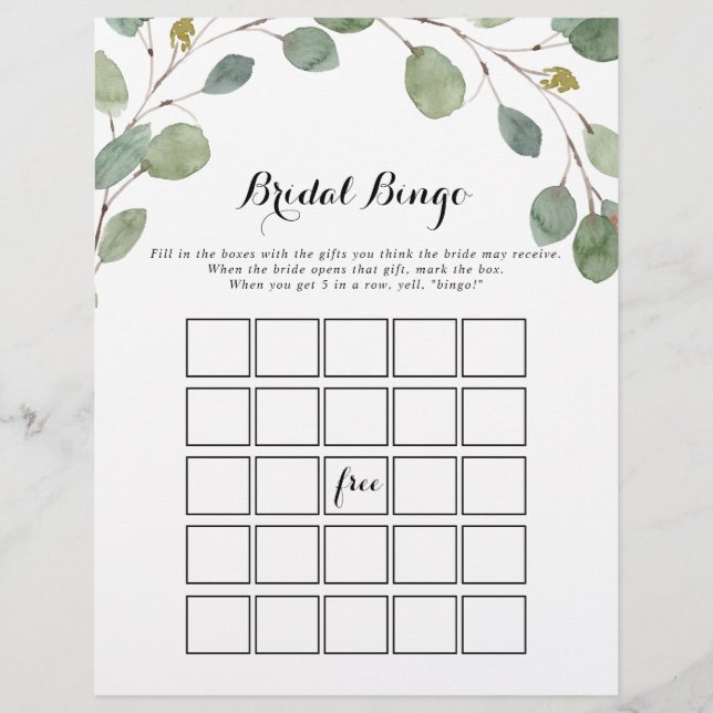 Greenery Eucalyptus Foliage Bridal Bingo Game (Vorderseite)
