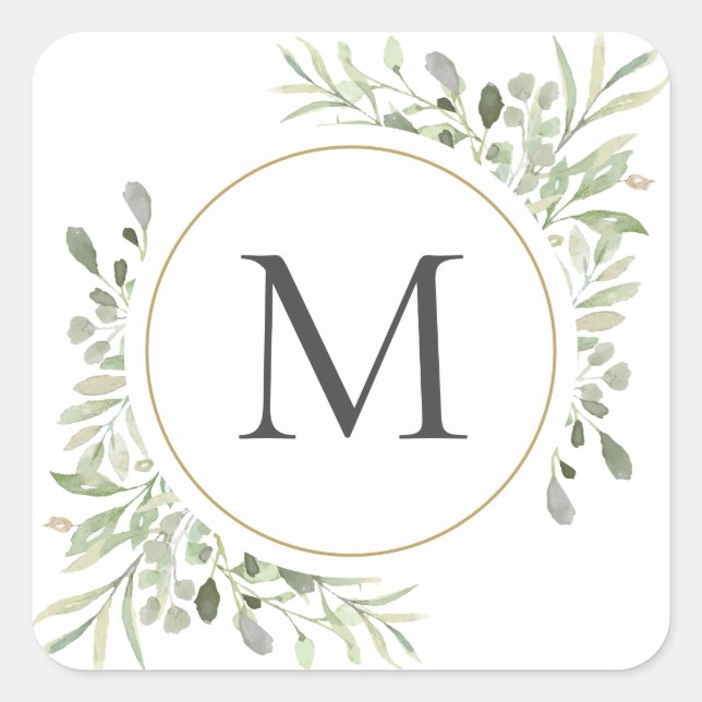 Greenery Eucalyptus Foliage Monogram Quadratischer Aufkleber (Vorderseite)