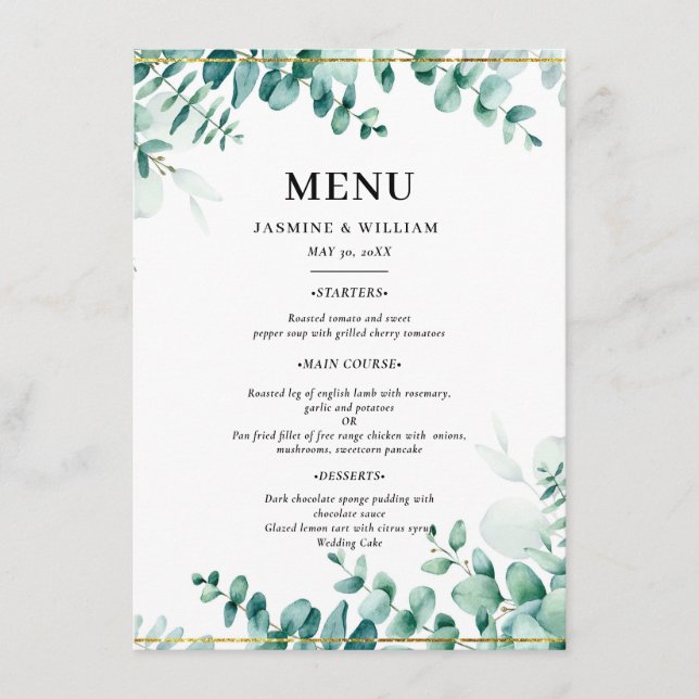 Greenery Eucalyptus Frameborder Wedding Menükarte (Vorderseite)