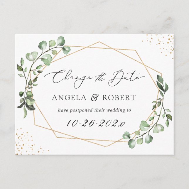 Greenery Eucalyptus Geometric Ändern Sie das Datum Postkarte (Vorderseite)