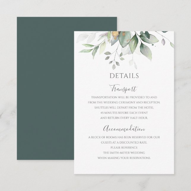 Greenery Eucalyptus Gold Blätter Elegante Hochzeit Begleitkarte (Vorne/Hinten)
