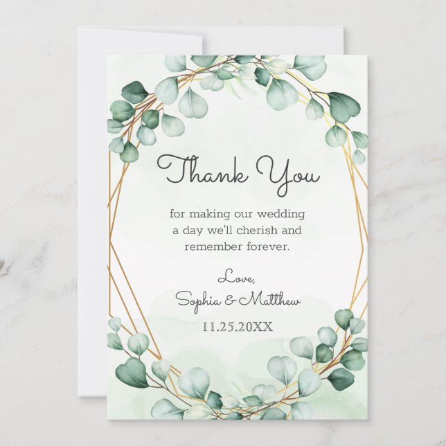 Greenery Eucalyptus Gold Frame Geometric Wedding Dankeskarte (Vorderseite)