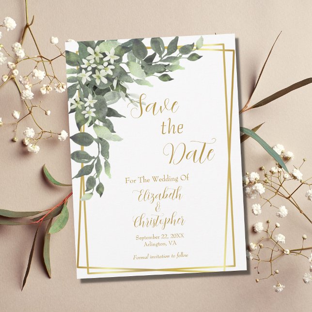 Greenery Eucalyptus Gold Frame QR Code Wedding Save The Date (Von Creator hochgeladen)