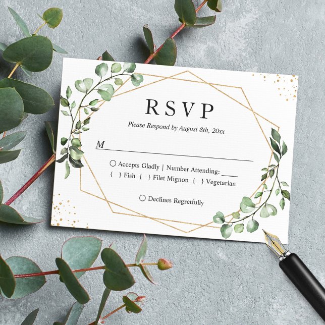 Greenery Eucalyptus Gold Geometric Frame Wedding RSVP Karte (Von Creator hochgeladen)