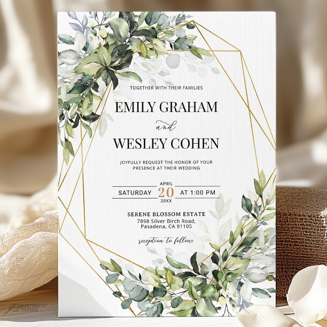 Greenery Eucalyptus Gold Geometric Wedding  Einladung (Von Creator hochgeladen)