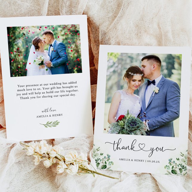 Greenery Eucalyptus Heart Script Wedding Foto Dankeskarte (Von Creator hochgeladen)