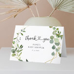 Greenery Eucalyptus Herzkalligrafie Kinderdusche Dankeskarte<br><div class="desc">Baby Shower Dankeschön Karte verfügt über grüne eucalyptus Blätter auf einem modernen geometrischen Rahmen und Skriptkalligraphie mit einem Herz.</div>