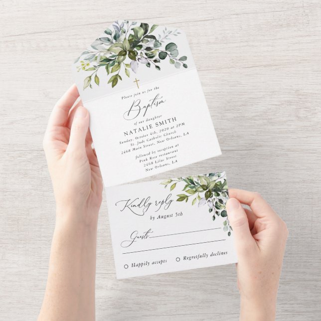 Greenery, Eucalyptus Leaves, Boho, Baptism All In One Einladung (Abreißen)
