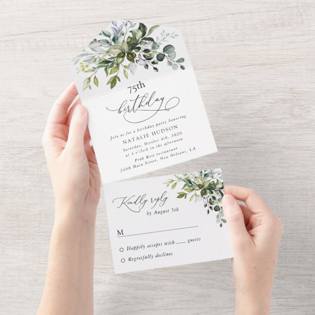 Greenery, Eucalyptus Leaves, Boho, Birthday All In One Einladung (Abreißen)