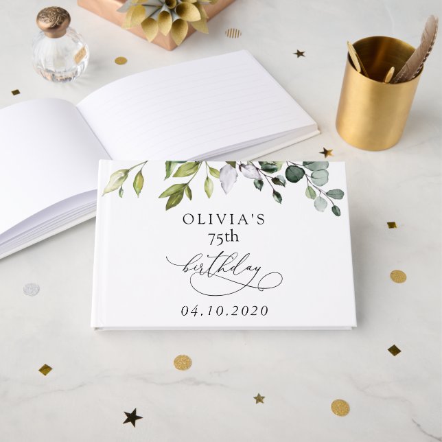 Greenery, Eucalyptus Leaves, Boho, Birthday Gästebuch (Vorderseite Offen)