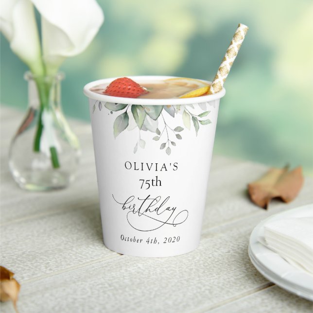 Greenery, Eucalyptus Leaves, Boho, Birthday Pappbecher (In Situ)