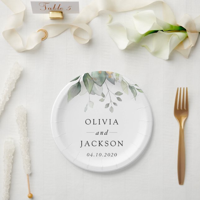 Greenery, Eucalyptus Leaves, Botanical Wedding Pappteller (Hochzeit)
