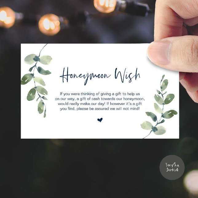 Greenery Eucalyptus, Rustic Honeymoon Wish Fund Begleitkarte (Greenery Eucalyptus, Rustic Honeymoon Wish Fund Enclosure Card in Navy Blue)