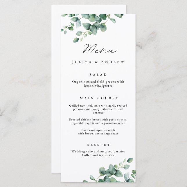 Greenery Eucalyptus script Wedding Menu Karte (Vorne/Hinten)
