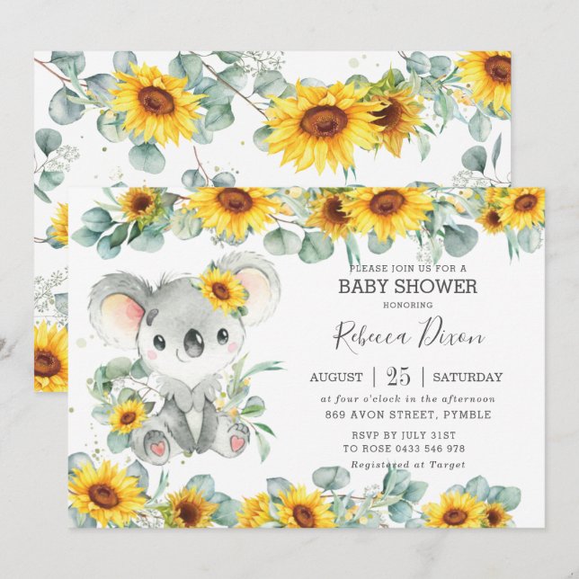 Greenery Eucalyptus Sunflower Koala Babydusche Einladung (Vorne/Hinten)