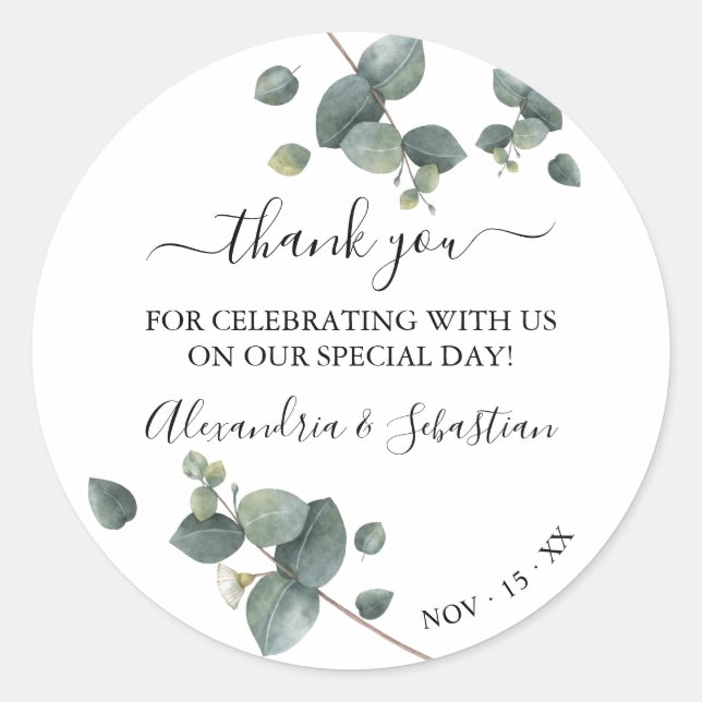 Greenery Eucalyptus Wedding Vielen Dank Runder Aufkleber (Vorderseite)