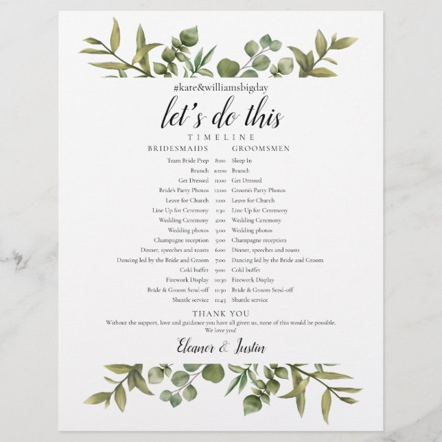 Greenery Eucalyptus Wedding Zeitplan Zeitleiste (Vorderseite)