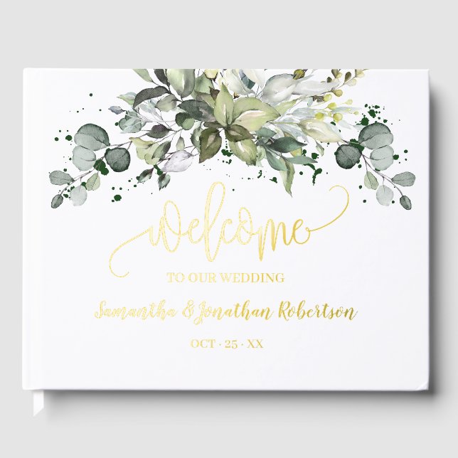 Greenery Eucalyptus Welcome Wedding Foil Gästebuch (Vorderseite)