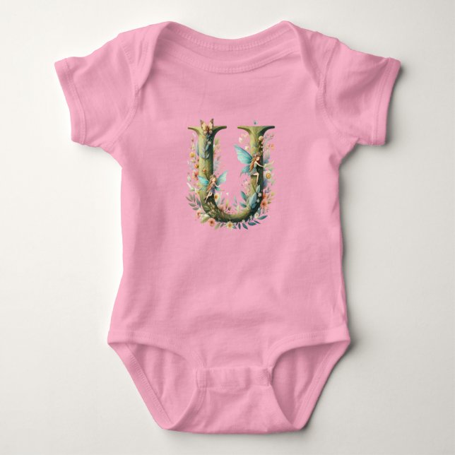 Greenery Fairies Monogram Letter U Baby Strampler (Vorderseite)