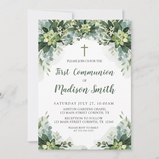 Greenery First Communion Invitation Einladung (Vorderseite)