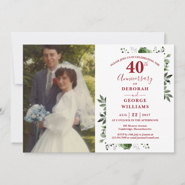 Greenery Floral 40. Hochzeitstag Foto Einladung (Vorderseite)