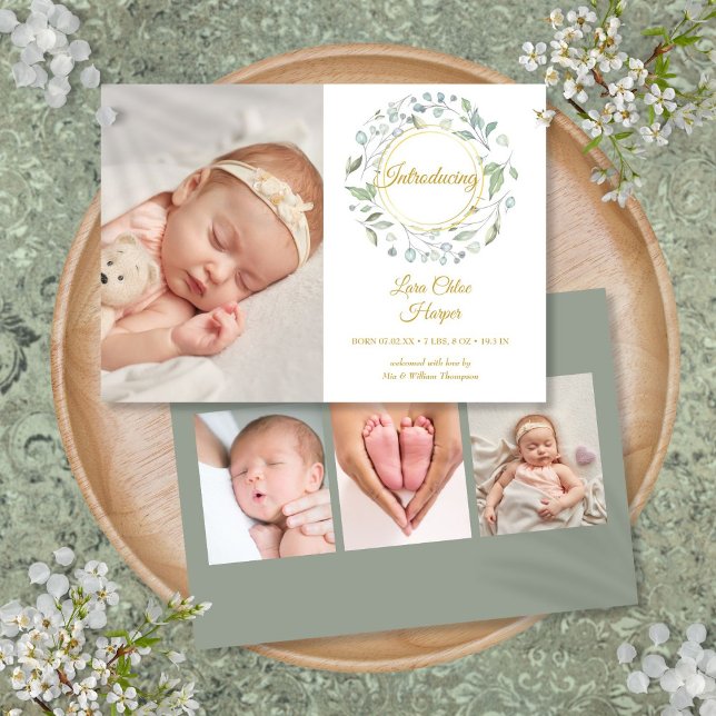Greenery Floral 4 Foto Baby Birth Ankündigung (Greenery Floral 4 Photo Baby Birth Announcement)