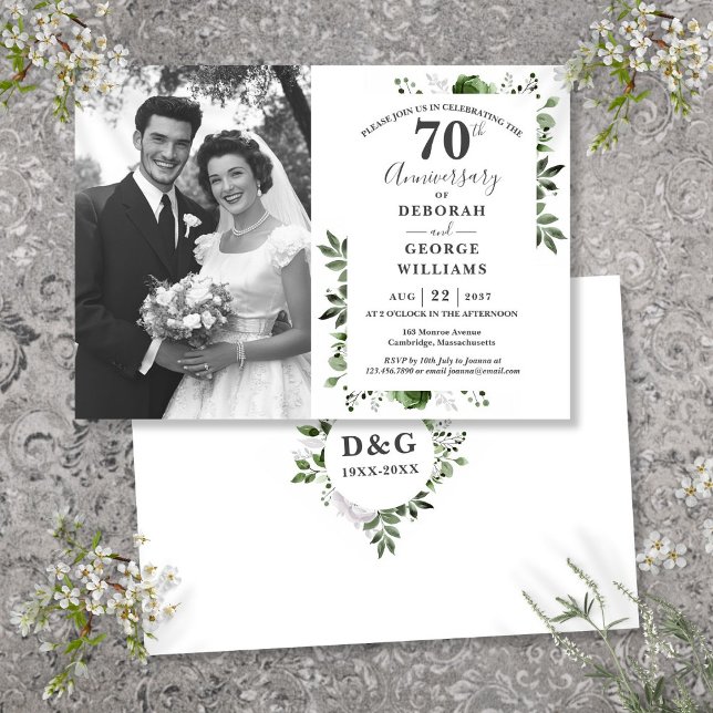 Greenery Floral 70. Hochzeitstag Foto Einladung (Greenery Floral 70th Wedding Anniversary Photo Invitation)