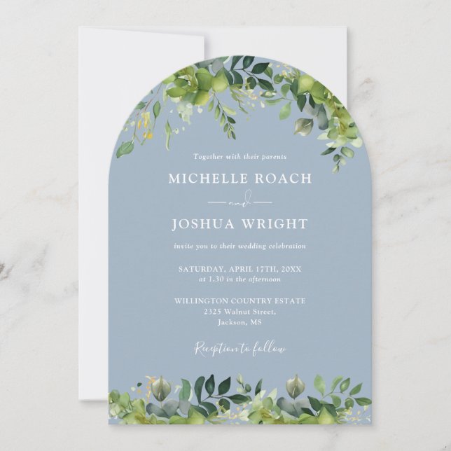 Greenery Floral Arch Dusty Blue QR Code Wedding Einladung (Vorderseite)