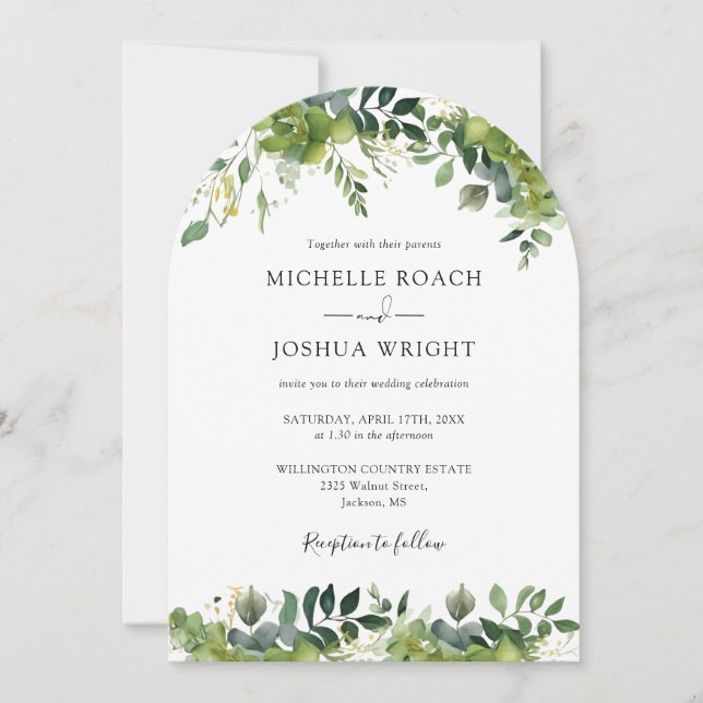 Greenery Floral Arch Elegante Monogram Wedding Einladung (Vorderseite)