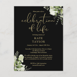 Greenery Floral Black And Gold Celebration of Life Ankündigungspostkarte
