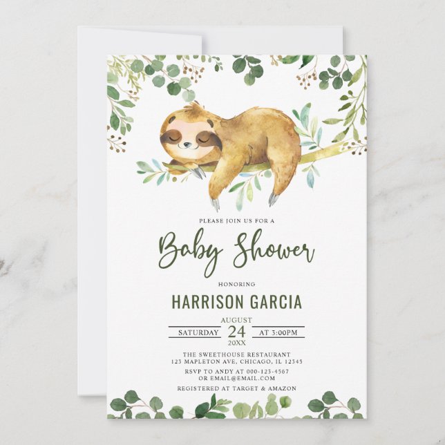Greenery Floral Boy Niedlich Sloth Baby Dusche Einladung (Vorderseite)