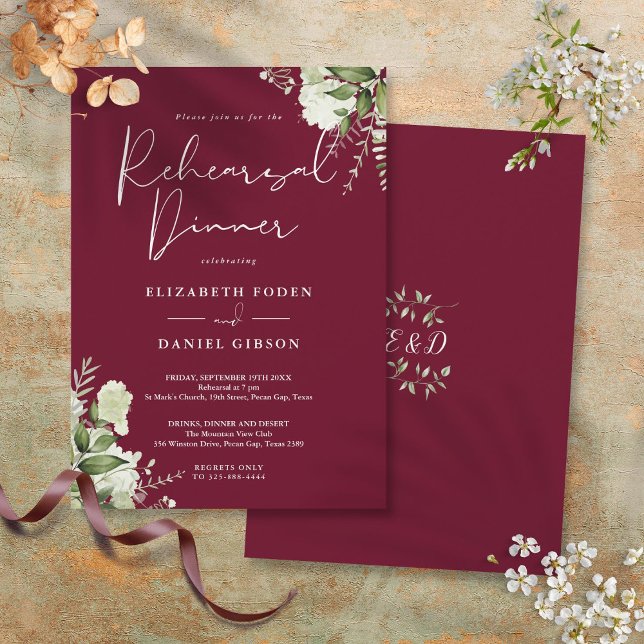 Greenery Floral Burgundy Probe Dinner Einladung (Greenery Floral Burgundy Rehearsal Dinner Invitation)